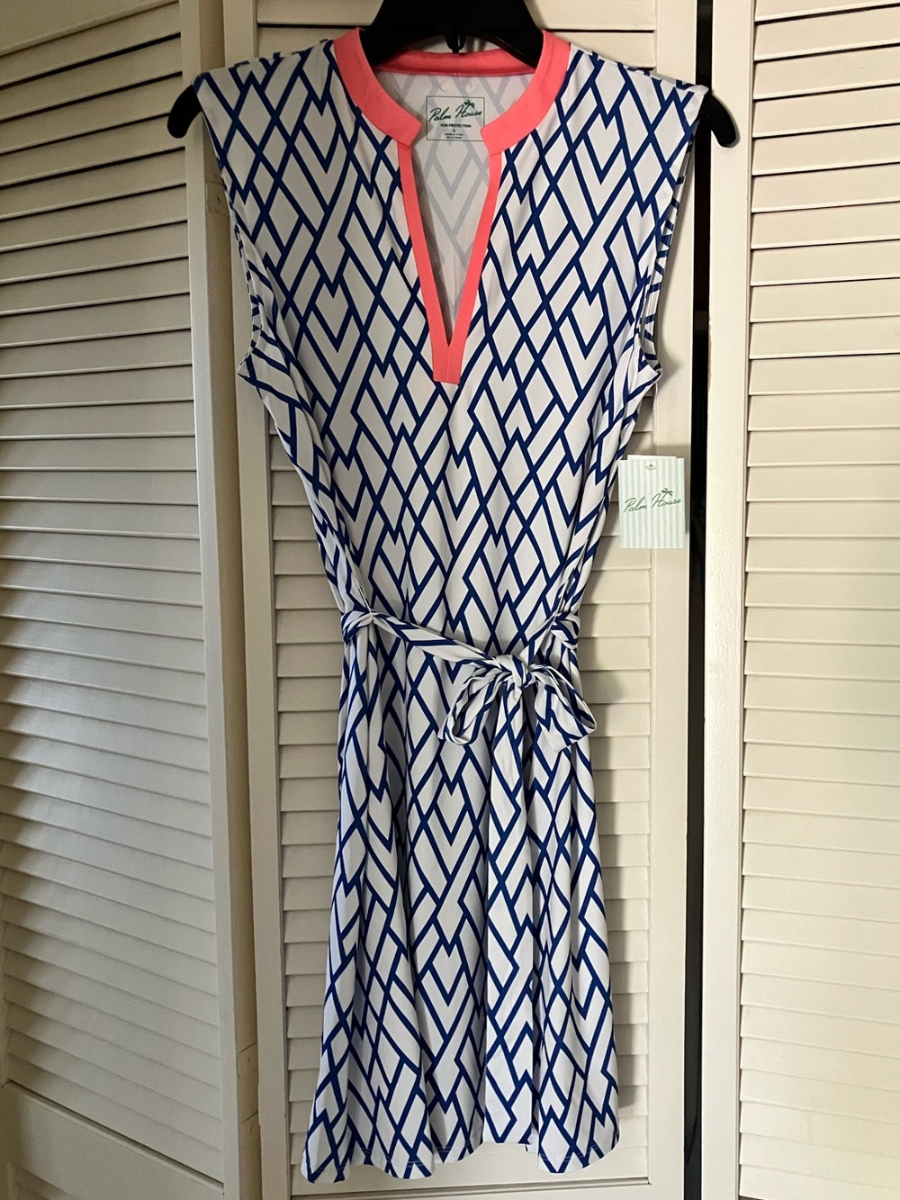 Palm House Blue & White Geometric Dress with Coral Trim